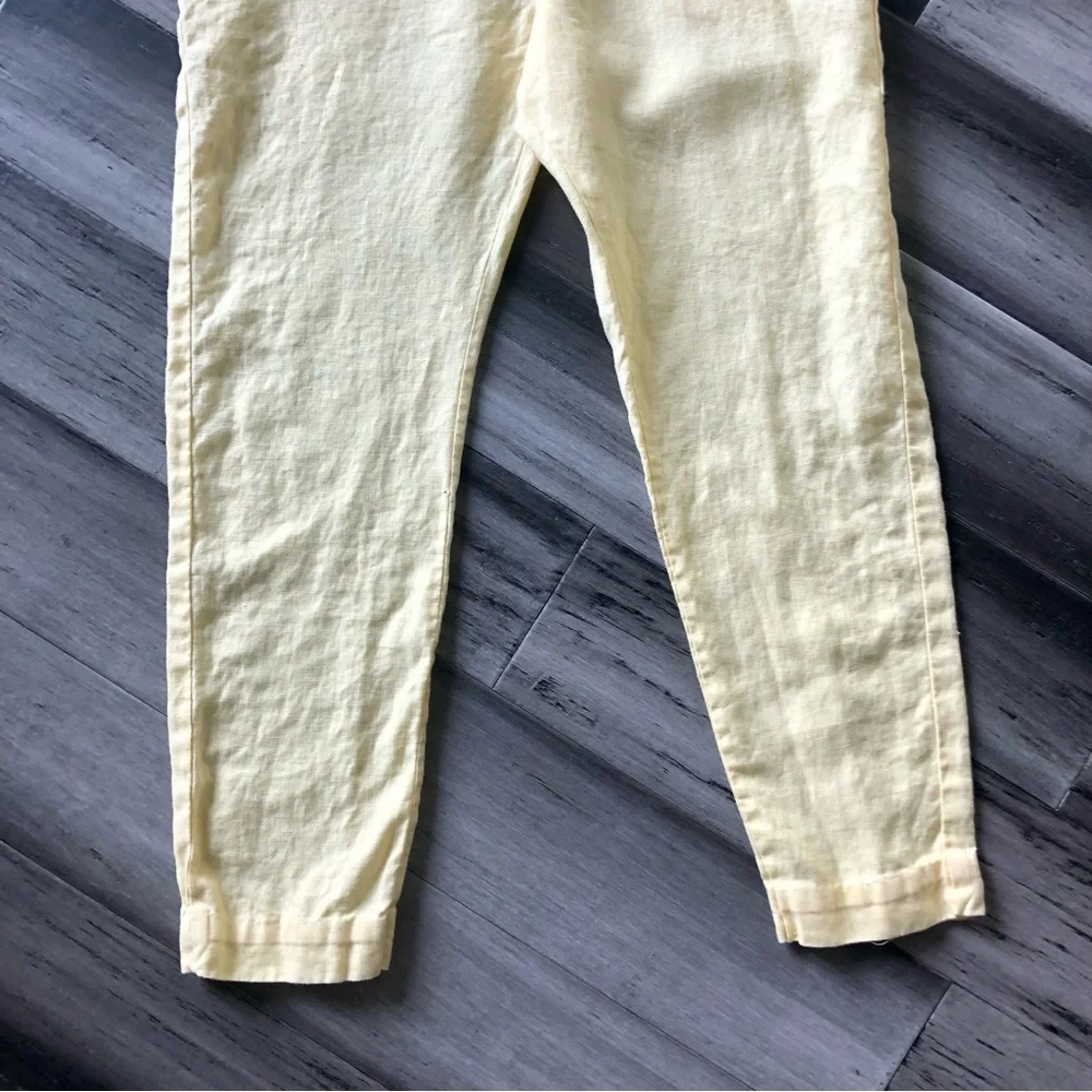 Vintage Y2K Pastel Yellow Linen Cropped Overalls - Picture 6 of 12